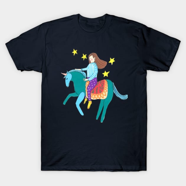 Girl riding a unicorn T-Shirt by DoodlesAndStuff